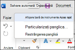 Imagine a opțiunii de afișare a barei de instrumente Acces rapid