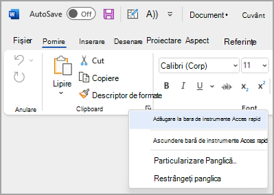 Imagine a listei verticale pentru particularizarea barei de instrumente Acces rapid pentru a adăuga comenzi