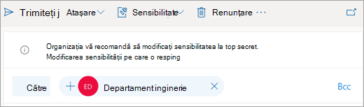 Captură de ecran cu un sfat despre o etichetă de confidențialitate recomandată