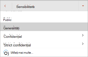 Captură de ecran cu etichetele de confidențialitate din Office pentru Android