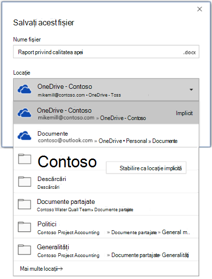 Captură de ecran cu setarea locației implicite în Word în timp ce salvați un fișier nou