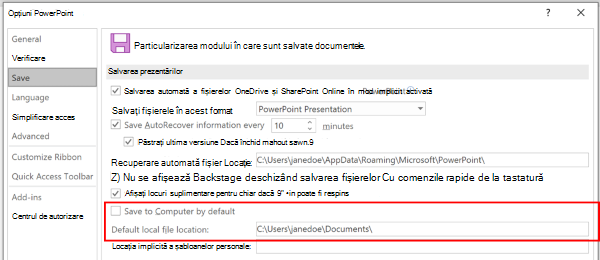 Captură de ecran a casetei de dialog Opțiuni PowerPoint care evidențiază secțiunea pentru a particulariza locația implicită