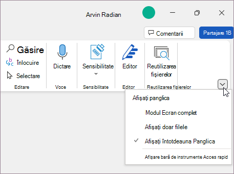Meniu de opțiuni de afișare pentru panglică