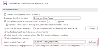 Opțiunile de salvare din Word, afișând setarea de folder de lucru implicită