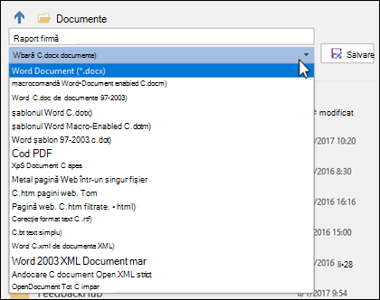 Faceți clic pe lista verticală cu tipuri de fișiere pentru a selecta un alt format de fișier pentru document