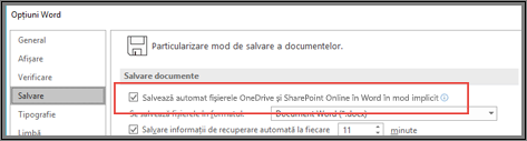 Caseta de dialog Salvare din Opțiuni > fișier > afișând caseta de selectare pentru activarea sau dezactivarea salvării automate