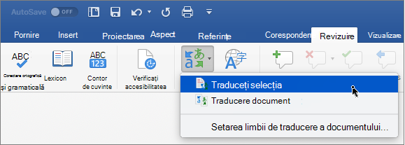 Fila Revizuire cu opțiunea Traduceți selecția evidențiată