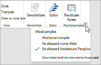 Meniu de opțiuni de afișare pentru panglică