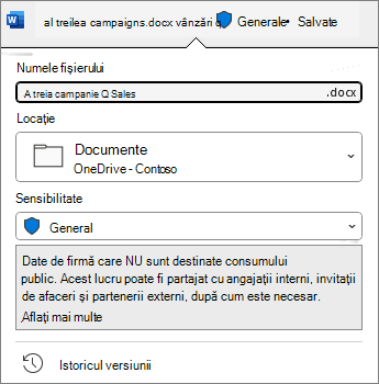 Bara de confidențialitate din partea de sus a documentului