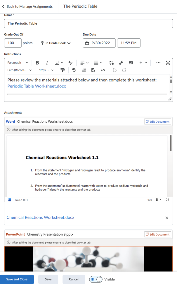 Brightspace assignment editor Secțiunea Atașări afișând un document OneDrive încorporat