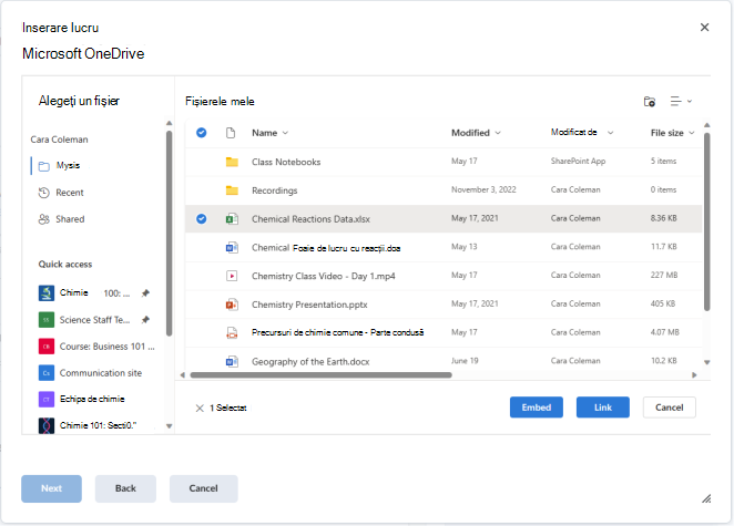 Încorporați sau legați un fișier OneDrive în editorul Brightspace utilizând butonul Inserați lucruri.