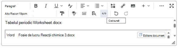 Bara de meniuri Brightspace Editor cu butonul Cod sursă evidențiat