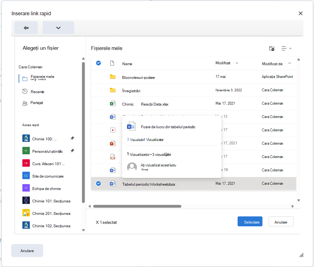 Încorporați un fișier OneDrive în editorul Brightspace utilizând butonul Inserare link rapid.