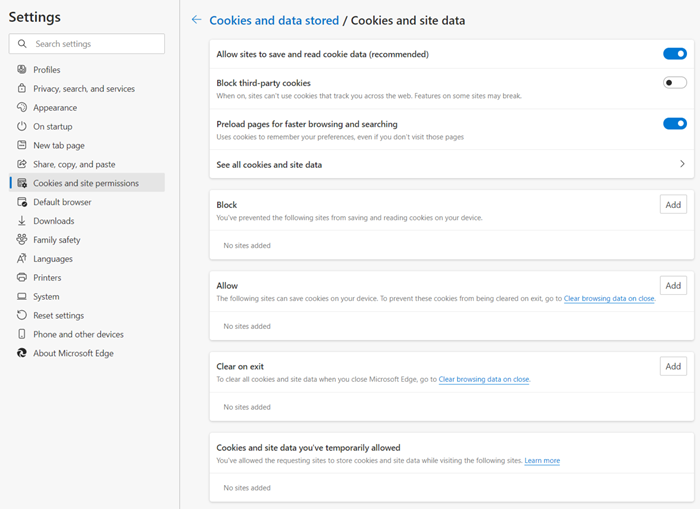 Module cookie și date Microsoft Edge