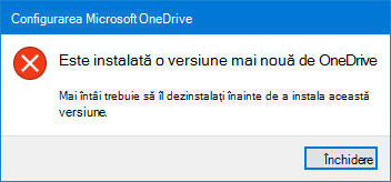 Fereastră pop-up cu eroarea OneDrive