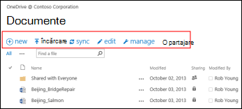Utilizați Bara de comenzi rapide din Office 365 pentru a începe activități în biblioteca de documente din OneDrive pentru business sau din site-ul de echipă SharePoint Online.