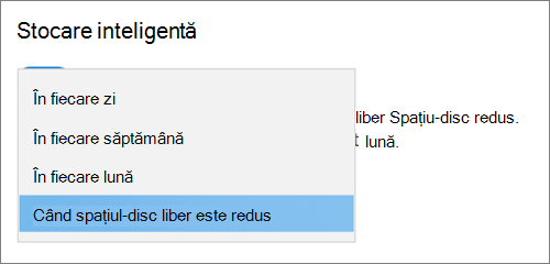 Meniul vertical Stocare din Windows 10 selectarea frecvenței pentru a rula Stocare inteligentă