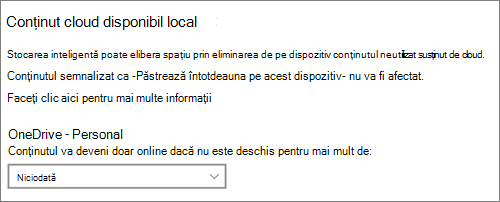 Lista verticală Stocare Windows 10 pentru a selecta când să faceți fișierele OneDrive doar online