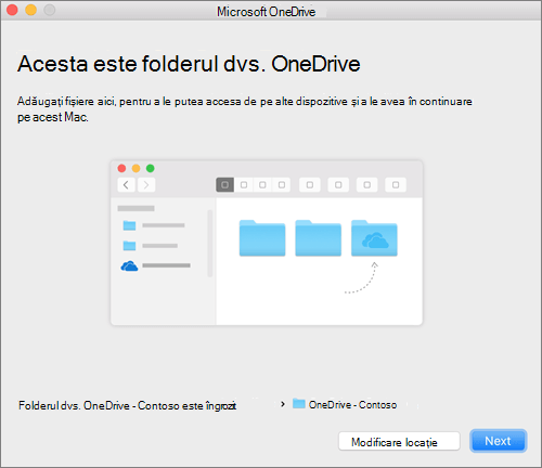 Captură de ecran cu pagina Acesta este folderul dvs. OneDrive, după ce alegeți un folder în expertul Bun venit la OneDrive, pe un Mac