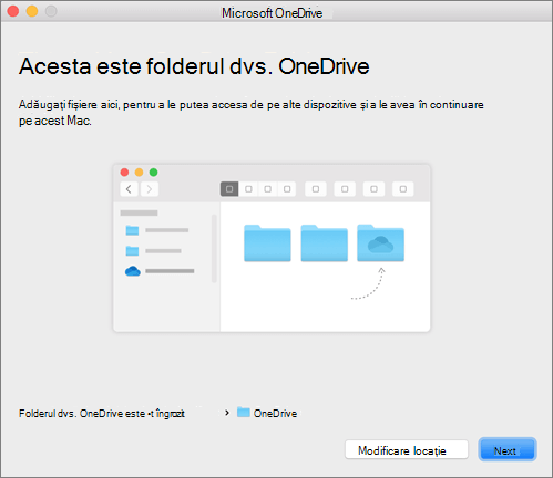 Captură de ecran cu pagina Acesta este folderul dvs. OneDrive din expertul Bun venit la OneDrive, pe un Mac