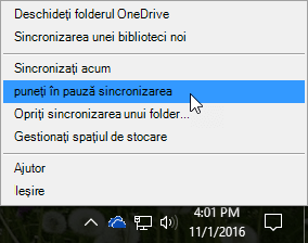 Captură de ecran a meniului OneDrive pentru business anterior, cu opțiunea Pauză de sincronizare selectată.