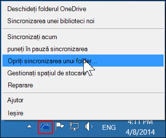 Comanda Oprire sincronizare folder n meniul OneDrive pentru business