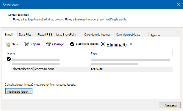 Caseta de dialog Setări cont Outlook