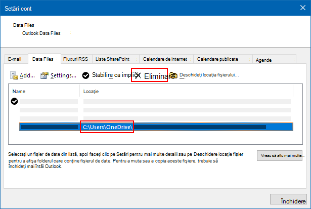 Caseta de dialog Fișiere de date Outlook