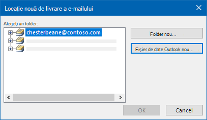 Caseta de dialog cu locația de livrare a e-mailului Outlook