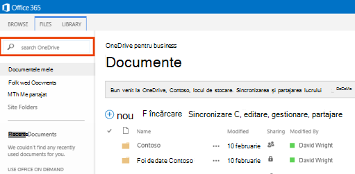 Captură de ecran a casetei Interogare OneDrive din Office 365.