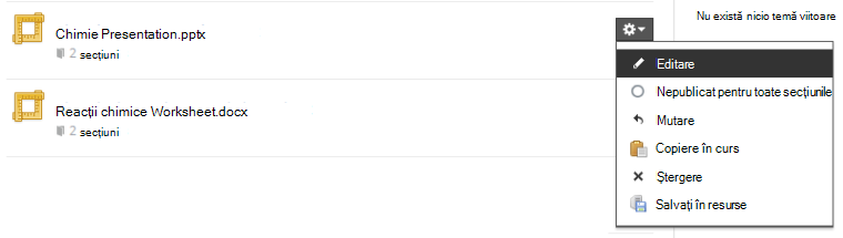 Schoology Course Materials list with the gear icon dropdown open showing options to edit item title and assignment properties