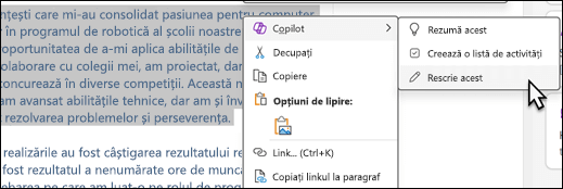 Un text selectat în OneNote. Se afișează meniul contextual, cu Copilot selectat și Rescrieți acest lucru selectat în submeniu.