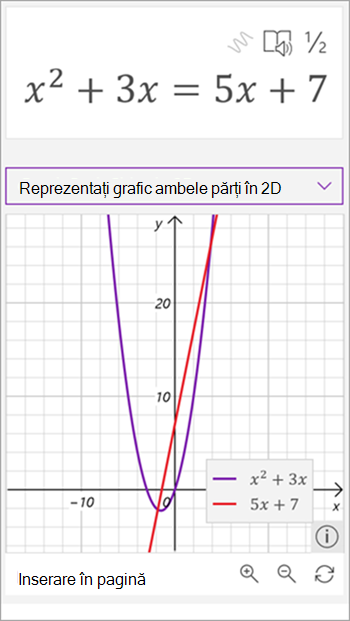 Captură de ecran cu graficul generat de Asistentul de matematică pentru ecuație x pătrat plus 3 x egal cu 5 x plus șapte. O linie este afișată cu roșu și o parabolă cu violet