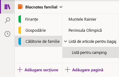Interfața de navigare în OneNote pentru Windows 10