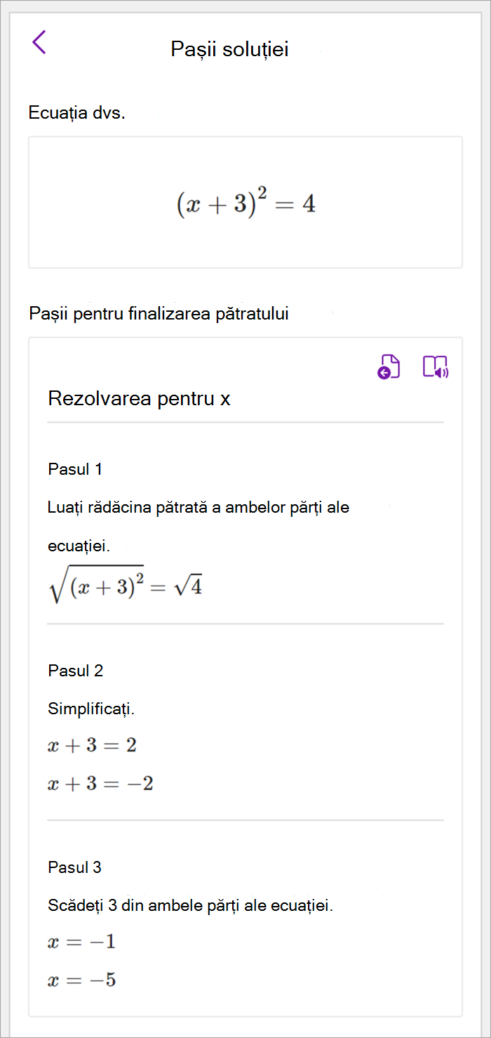 Captură de ecran a panoului de matematică din OneNote pentru desktop. Se afișează pașii soluției pentru utilizarea metodei completării pătratului pentru a rezolva valoarea lui x.