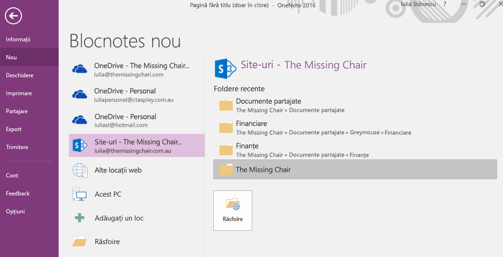 Interfața de selectare a folderului Blocnotes nou din OneNote pentru Windows 2016