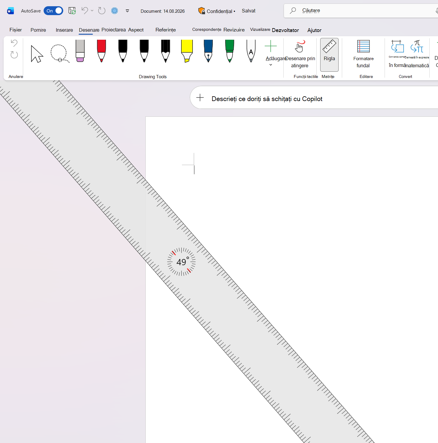 Captură de ecran cu rigla filei Desenare din Word rotită la un unghi de 49 de grade.