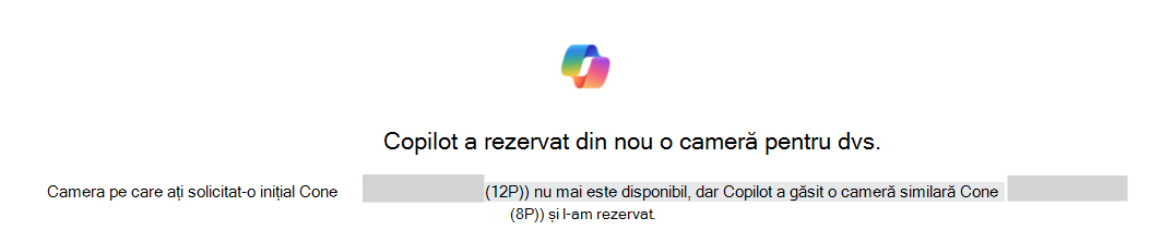 Exemplu de Copilot a rezervat din nou o cameră pentru dvs. confirmarea identificării camerei originale și a camerelor de înlocuire.