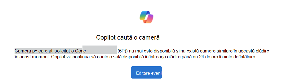 Exemplu de Copilot este căutarea unei notificări de sală cu un buton de editare a evenimentului.