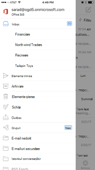 Afișează aplicația Outlook cu inboxul în partea de sus a listei și opțiunea Grupuri mai jos în listă.
