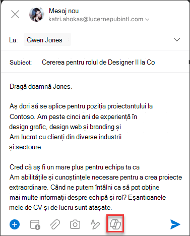 Pictograma Copilot din meniul de compunere pentru iOS