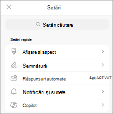 Afișează setările de pe un dispozitiv mobil, cu Copilot listat sub Setări rapide.