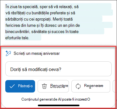 După o analiză atentă, textul din schița de e-mail utilizând Copilot în iOS și Android