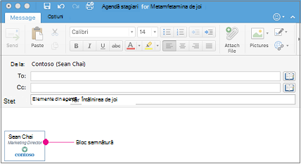 Un mesaj de e-mail cu bloc de semnătură
