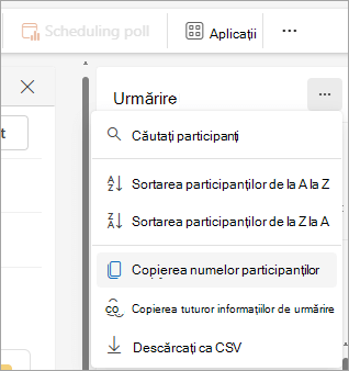 Captură de ecran a panoului de urmărire din noul Outlook, afișând opțiunile verticale pentru a copia lista de participanți