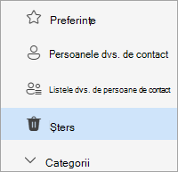 Captură de ecran a listei de foldere People cu folderul Șters selectat