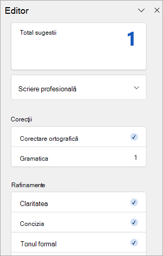Captură de ecran a panoului Editor în Outlook