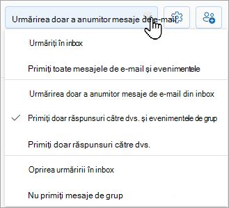 Lista verticală va afișa opțiunile de urmărire: urmăriți în inbox, urmați doar anumite e-mailuri din inbox sau opriți urmărirea în inbox.