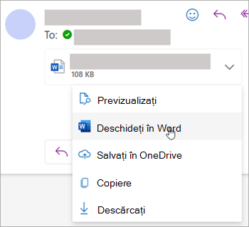 Captură de ecran afișând lista verticală pentru deschiderea unei atașări în Word