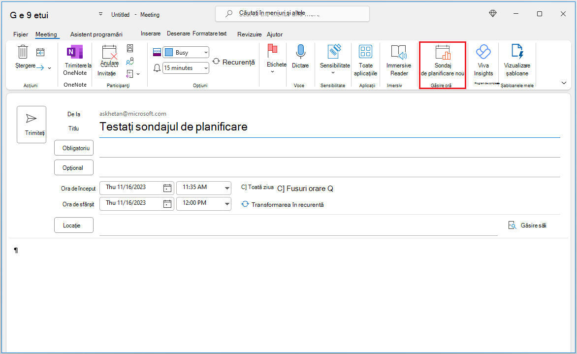 Creați un sondaj de programare în formularul de compunere a evenimentului Calendar.